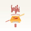 Sushi banner with tray, chopsticks and lettering Royalty Free Stock Photo