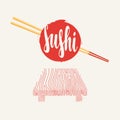 Sushi banner with tray, chopsticks and lettering Royalty Free Stock Photo