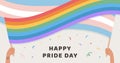 Vector Banner with caption Happy Pride Day. People Hands holding LGTB and Transgender flag during pride month