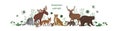 Vector banner, cartoon cute American animals with leaves and flowers. Raccoon, fox, jaguar, squirrel, elk bear armadillo