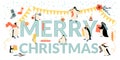 Vector banner for Christmas and with funny penguins, decorations and gifts on the background of the congratulatory text
