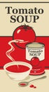 Vector banner for condensed tomato soup. Illustration with a full plate of delicious fragrant tomato soup, with a tin can and
