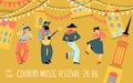 Vector banner for the country music festival with funny dancers and a musician with a guitar on the background of the cityscape