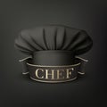 Vector Banner with 3d Realistic Black Chef Hat, Toque on Black Background. Cook, Baker Chef Cap Design Template. Bakery, Royalty Free Stock Photo