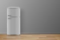 Vector Banner with 3d Realistic Glossy Gray Retro Vintage Fridge. Vertical Simple Refrigerator. Closed Fridge. Design