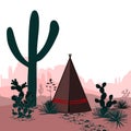 Vector banner with desert, tepee, cactus silhouetted mountains. Wild west. Cartoon illustration. Panorama. Royalty Free Stock Photo