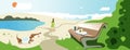 Vector banner design about summer relax. Illustration of a girl walking with a dog, a bench with a book and a glass in park, lake