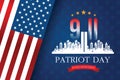 Vector banner design template with american flag and text on dark blue background for Patriot Day. Royalty Free Stock Photo