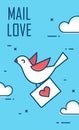 Vector banner with dove, envelope and text mail love. Thin line flat design card