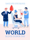 Vector banner with female volunteer sitting in hospital chair and donate blood