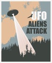 Vector banner with a flying UFO over the forest Royalty Free Stock Photo