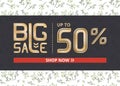 Vector banner with gold lettering big sale up to fifty percent shop now and fennel