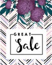 Vector banner for great sale. Purple peonies and chevron modern brush spot in trendy pastel colors.