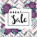 Vector banner for great sale. Purple peonies and chevron modern brush spot in trendy pastel colors.