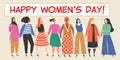 Vector banner with a group of women holding a big placard with congratulations to the International Women`s Day