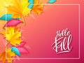 Vector banner with hand lettering label - autumn - and realistic bright leaves