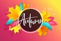 Vector banner with hand lettering label - autumn - and realistic bright leaves