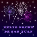 Vector banner Happy Night of Saint John on spanish language with fireworks