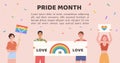 Vector Banner Happy Pride Month. People holding flags, placard with lgbt rainbow and slogan Love is love, signs and