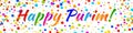 Vector Banner Happy Purim carnival text with colorful rainbow colors paper confetti frame on white background.
