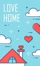 Vector banner with house, hearts and clouds on blue background. Thin line flat design. Valentine`s day card