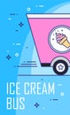 Vector banner with ice cream bus. Thin line flat design card Royalty Free Stock Photo