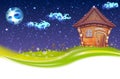 Vector banner illustration of cartoon home on meadow