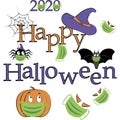 Vector banner illustrations Happy halloween quarantine Bat hat spider with cobwebs masks Letters Angry and funny pumpkin