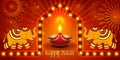 Vector banner India Diwali, Deepavali festival of lights, red background Dipavali with gold ornaments elephants, fire glowing lamp