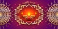 Vector banner India Diwali, Deepavali festival of lights, red background Dipavali with gold ornaments, fire glowing lamp, flashes