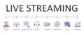 Vector banner infographics live streaming. Set of editable stroke icons. Stream broadcast online meeting zoom podcast headphones.