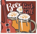 Rock-n-roll banner with beer glasses and guitar Royalty Free Stock Photo