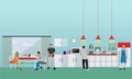 Vector banner with kitchen interior. People having lunch in office cafe