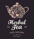 Label or banner for herbal tea with kettle and herbs