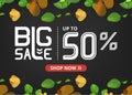Vector banner with lettering big sale up to fifty percent shop now and kiwi with flower Royalty Free Stock Photo