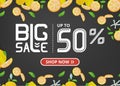 Vector banner with lettering big sale up to fifty percent shop now and lemons with flowers Royalty Free Stock Photo