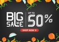 Vector banner with lettering big sale up to fifty percent shop now and with onion and slice