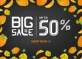 Vector banner with lettering big sale up to fifty percent shop now and persimmon with flower