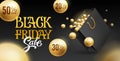 Vector banner with lettering, shopping bag, gold ball for Black Friday sale. Discounts twenty, thirty, fifty, percent.