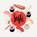 Vector banner with a set of sushi and rolls