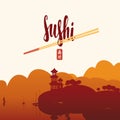 Sushi banner with chopsticks and east landscape Royalty Free Stock Photo