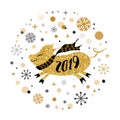 Vector banner 2019 Merry Christmas Happy New Year golden pig shape East calendar yellow pig Royalty Free Stock Photo