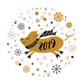 Vector banner 2019 Merry Christmas Happy New Year golden pig shape gold snowflakes label badge print sign poster card Royalty Free Stock Photo