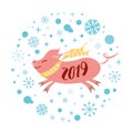 Vector banner 2019 Merry Christmas Happy New Year pink pig shape blue snowflakes label badge print sign poster card Royalty Free Stock Photo