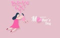 Vector banner mom and girl with flying pink paper hearts