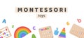 Vector Banner for Montessori school or kindergarden. Children wooden ecological logic toys and busy boards for preschool