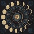 Vector banner with Sun, Moon and lunar phases Royalty Free Stock Photo