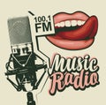 Banner for music radio with microphone and lips