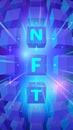 Vector banner with NFT typography on blue cubes background. Vertical template for social media, stories, infographics