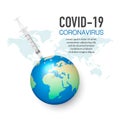 Vector Banner, Placard with 3d Syringe and Earth Planet. Coronavirus Vaccine, 2019-nCoV, Covid-2019, Covid-19, Epidemic